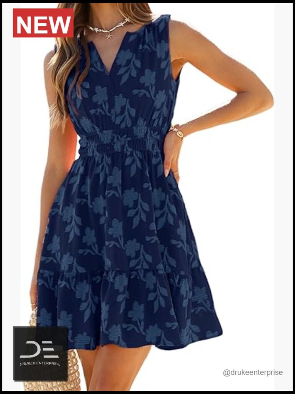 Boho V Neck Sleeveless Empire Waist Floral A Line Mini Dress with Pockets